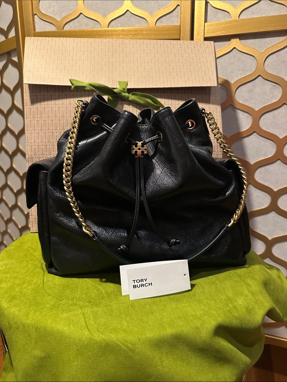 Large Charlie Quiled Tory Burch Black Leather Drawstring Shoulder Bag